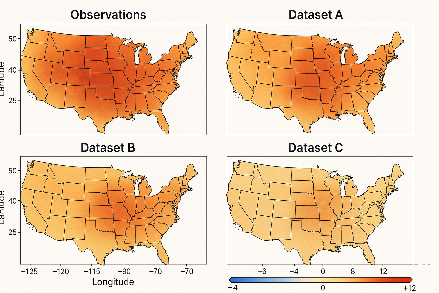 U.S. map illustrating differences between climate datasets